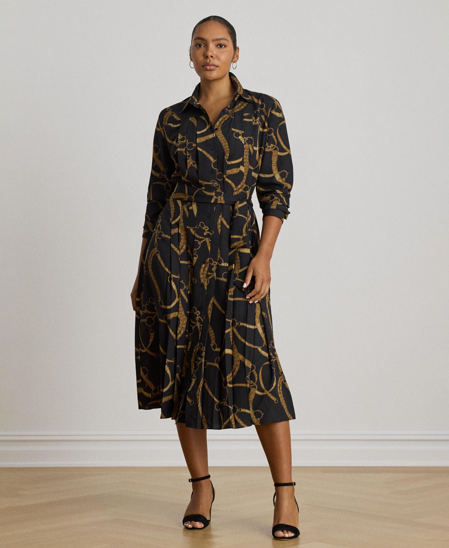 Women's Belting Print Pleated Shirt Dress