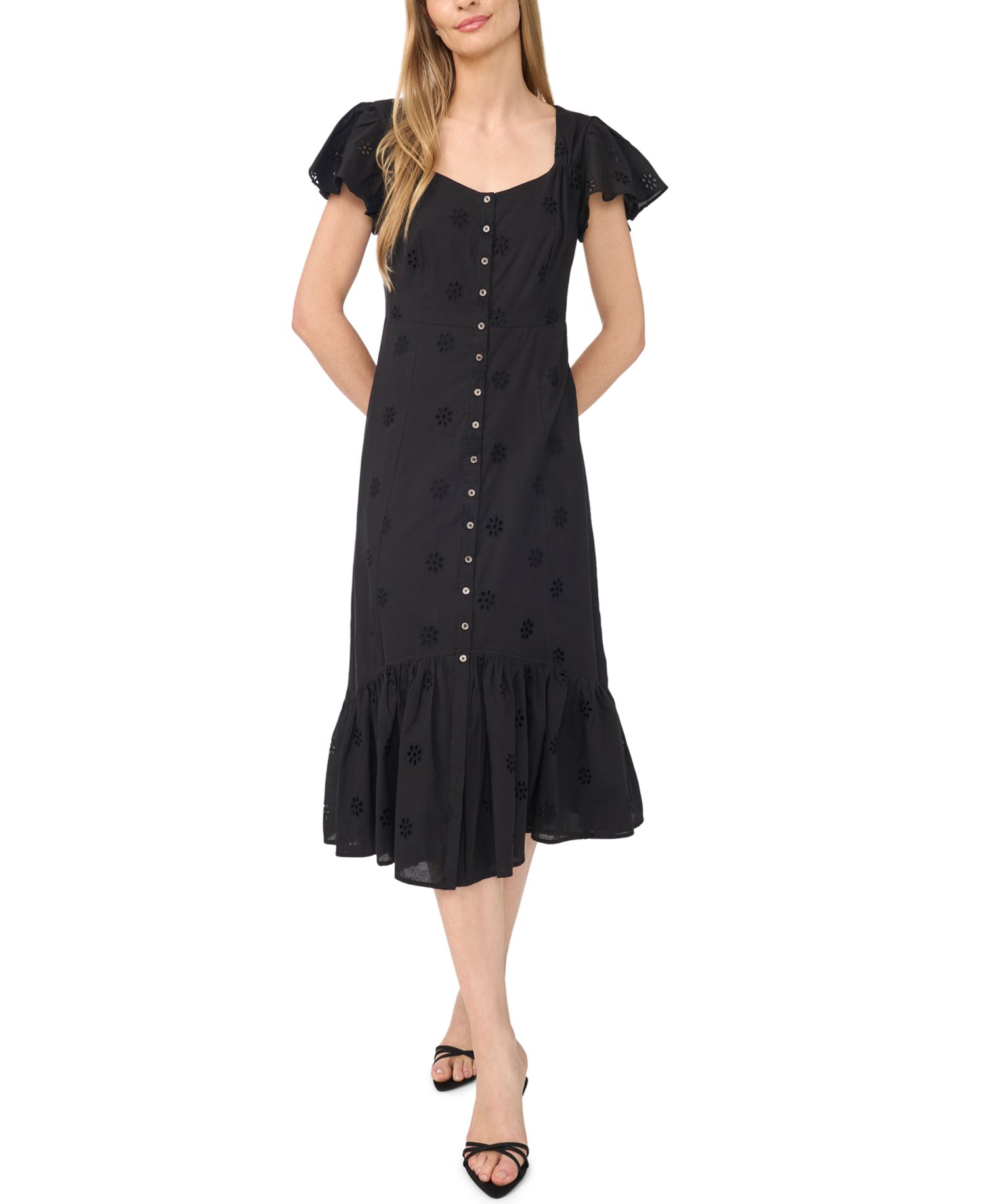 Women's Flutter-Sleeve Sweetheart Neck Midi Dress