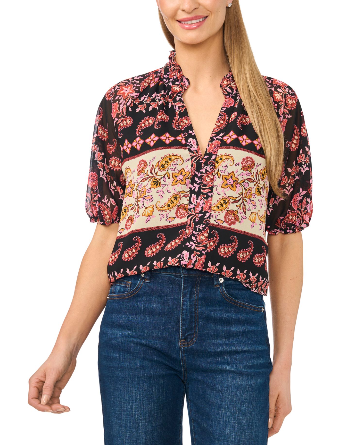 Women's Ruffle Neck Split Neck Blouse