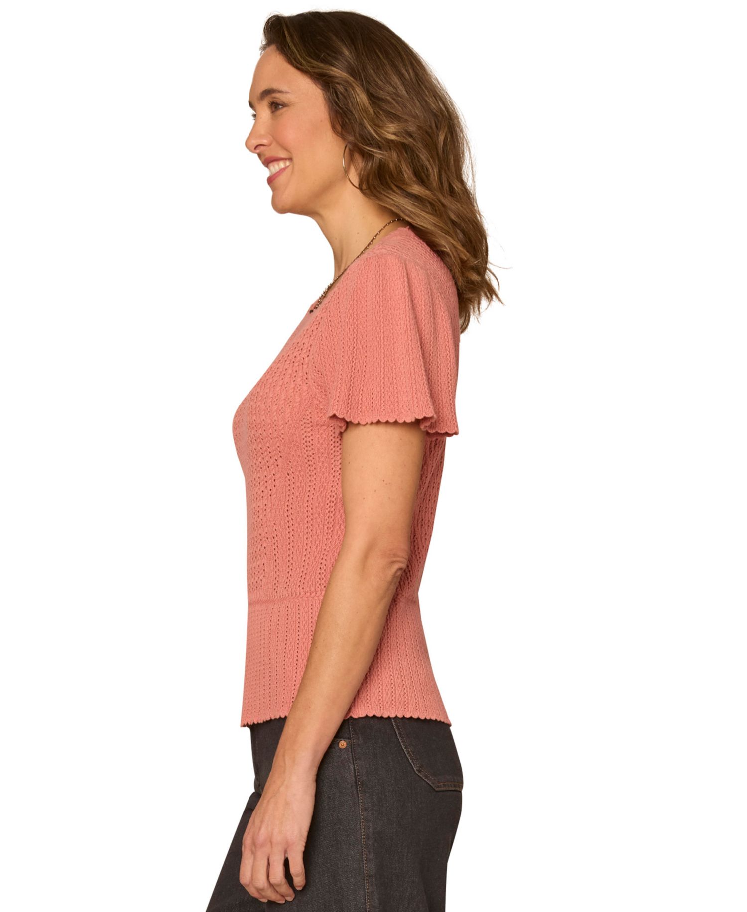 Petite Flounce Crochet Round Neck Sweater