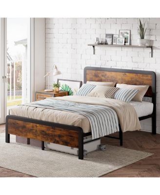 Bed Frame with Wood Headboard, Metal Platform Frame with Strong Slats and Safe Rounded Corner, Easy Assembly, 12 Inch Storage Space Under