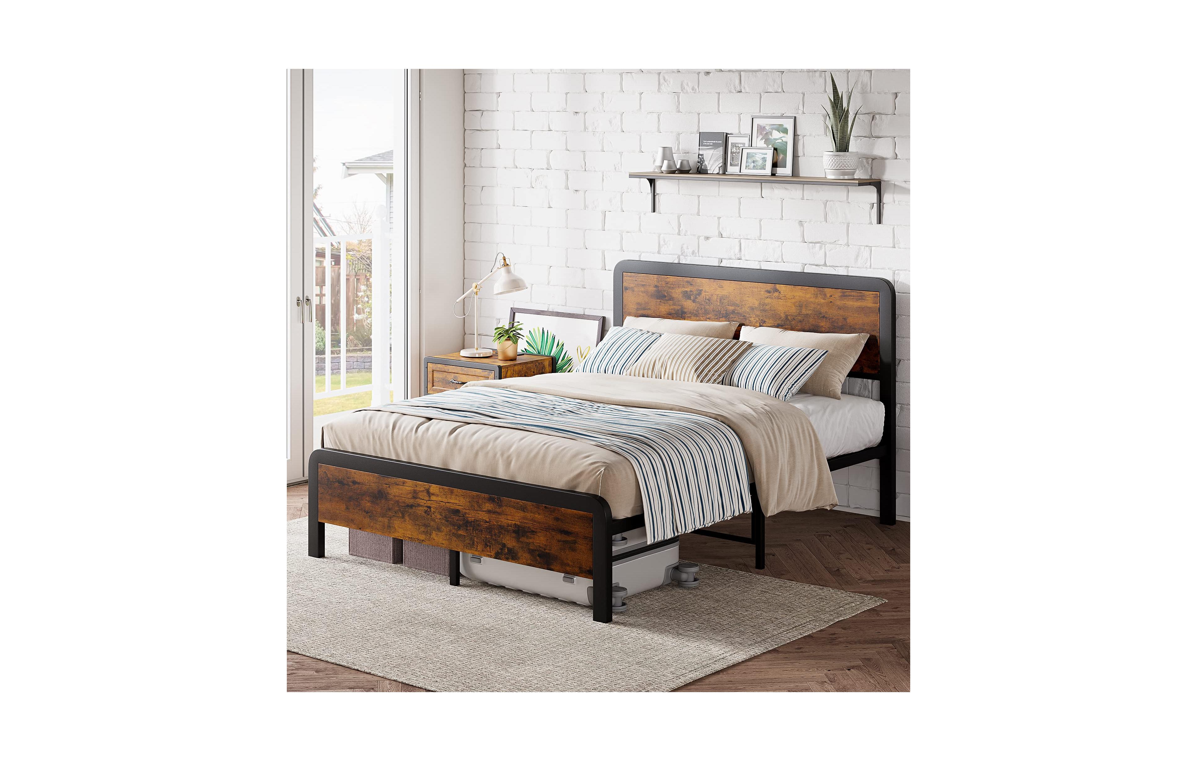 homfan Bed Frame with Wood Headboard, Metal Platform Frame with Strong Slats and Safe Rounded Corner, Easy Assembly, 12 Inch Storage Space Under