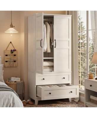 Armoire with 2 Drawers,72" Wooden Cabinet with Hanging Rod, Tall Clothing Unit with Doors and 18 Adjustable Shelves for Bedroom