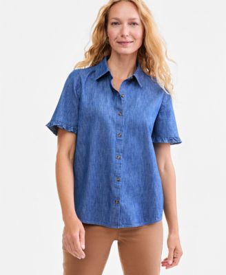 Women's Short-Ruffle-Sleeve Button-Up Camp Shirt