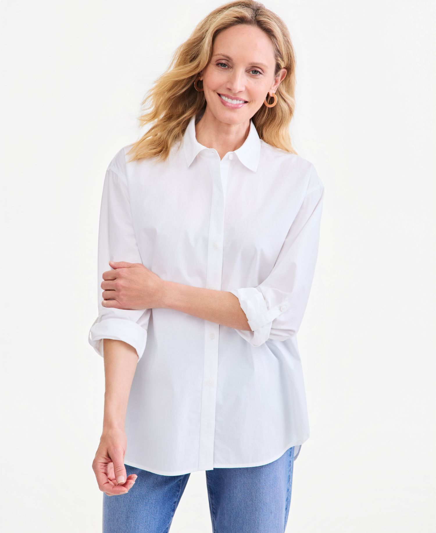 Petite Oversized Roll-Tab Button-Front Shirt