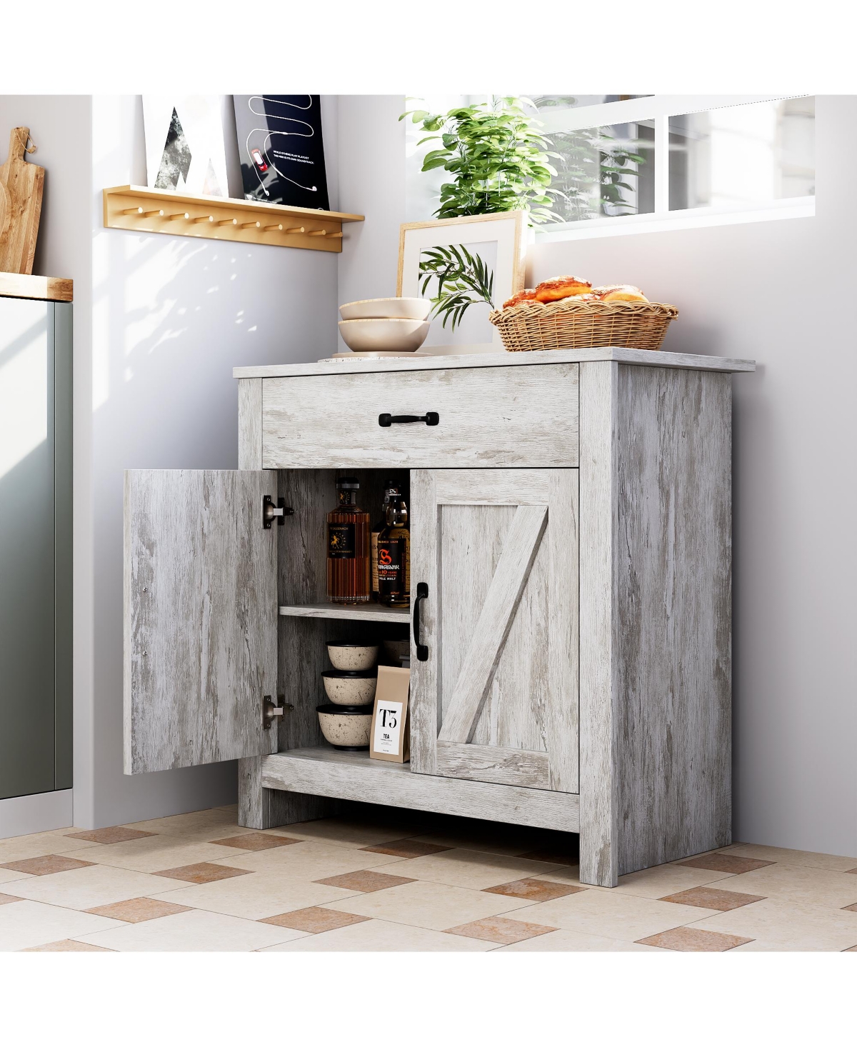 homfan Modern Farmhouse Freestanding Buffet Hutch, Space-Saving Wooden Sideboard with Drawer and Adjustable Shelves for Home Storage