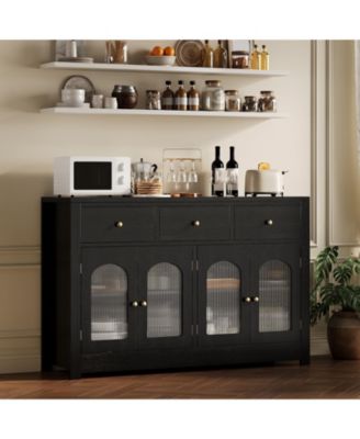 Farmhouse Wooden Buffet Cabinet, Narrow Storage Coffee Bar with 3 Drawers and 4 Doors for Kitchen and Dining Room