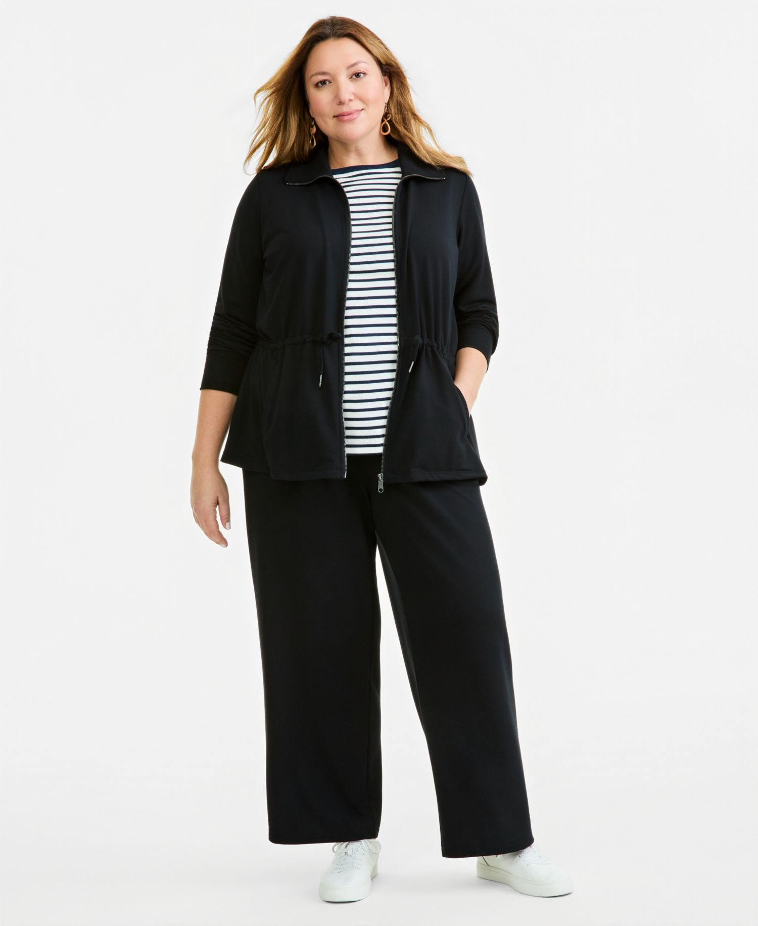 Plus Size Stripe 3/4 Sleeve Boat-Neck Top