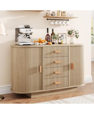 Fluted Sideboard Cabinet with 4 Drawers and 2 Arched Sliding Doors, Multi-Functional Storage Console for Dining and Living Room