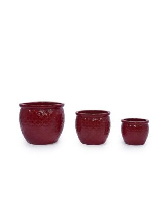Handmade Ceramic Flower Pot Set of 3 - 15/12/10 Inch, Floral Embossed, Indoor/Outdoor, Breathable Clay