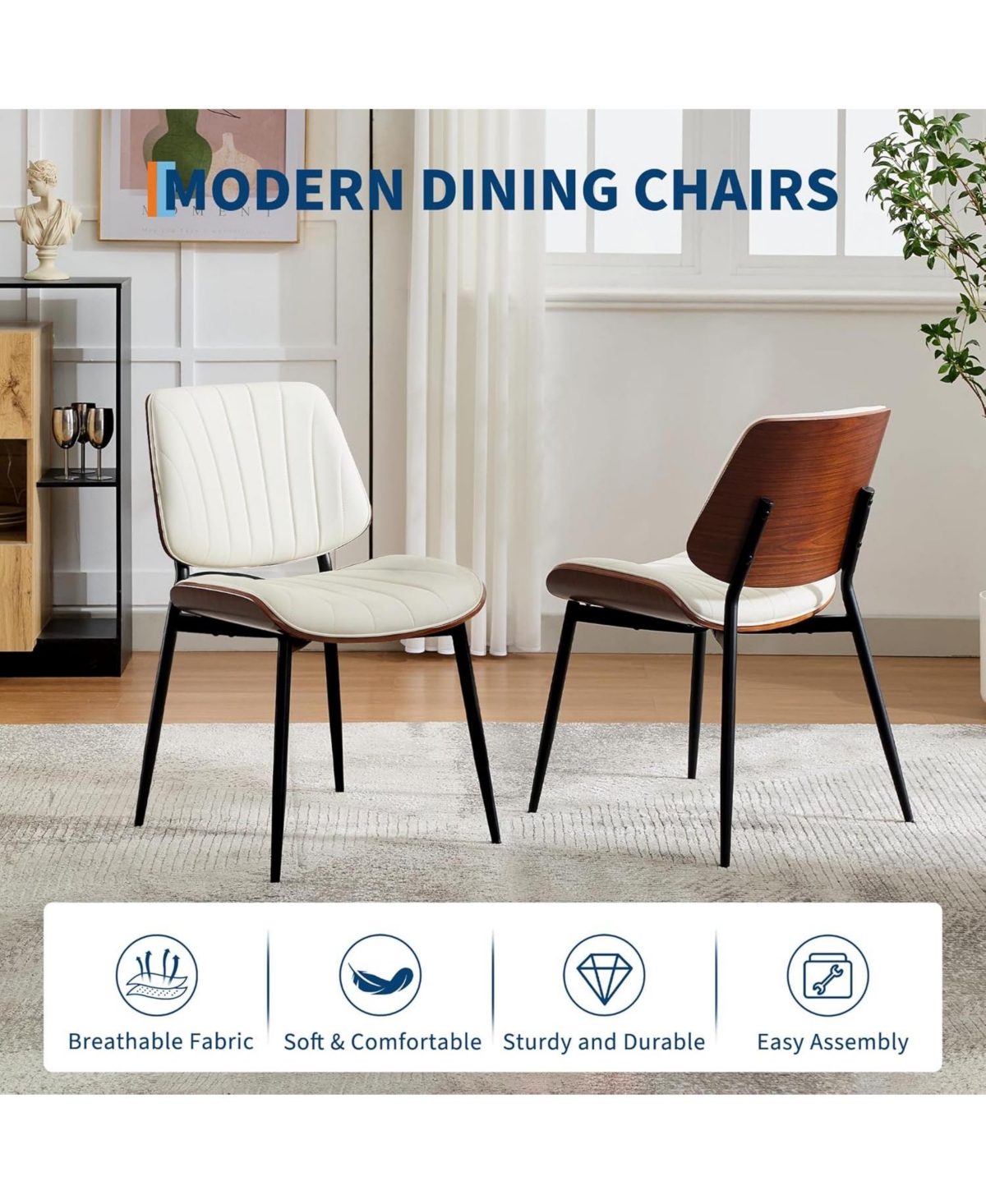 gaomon Dining Chairs Set of 2,Mid-Century Modern Upholstered Retro Pu Leather Kitchen Chairs with Walnut Bentwood Back and Metal Legs Adjustable