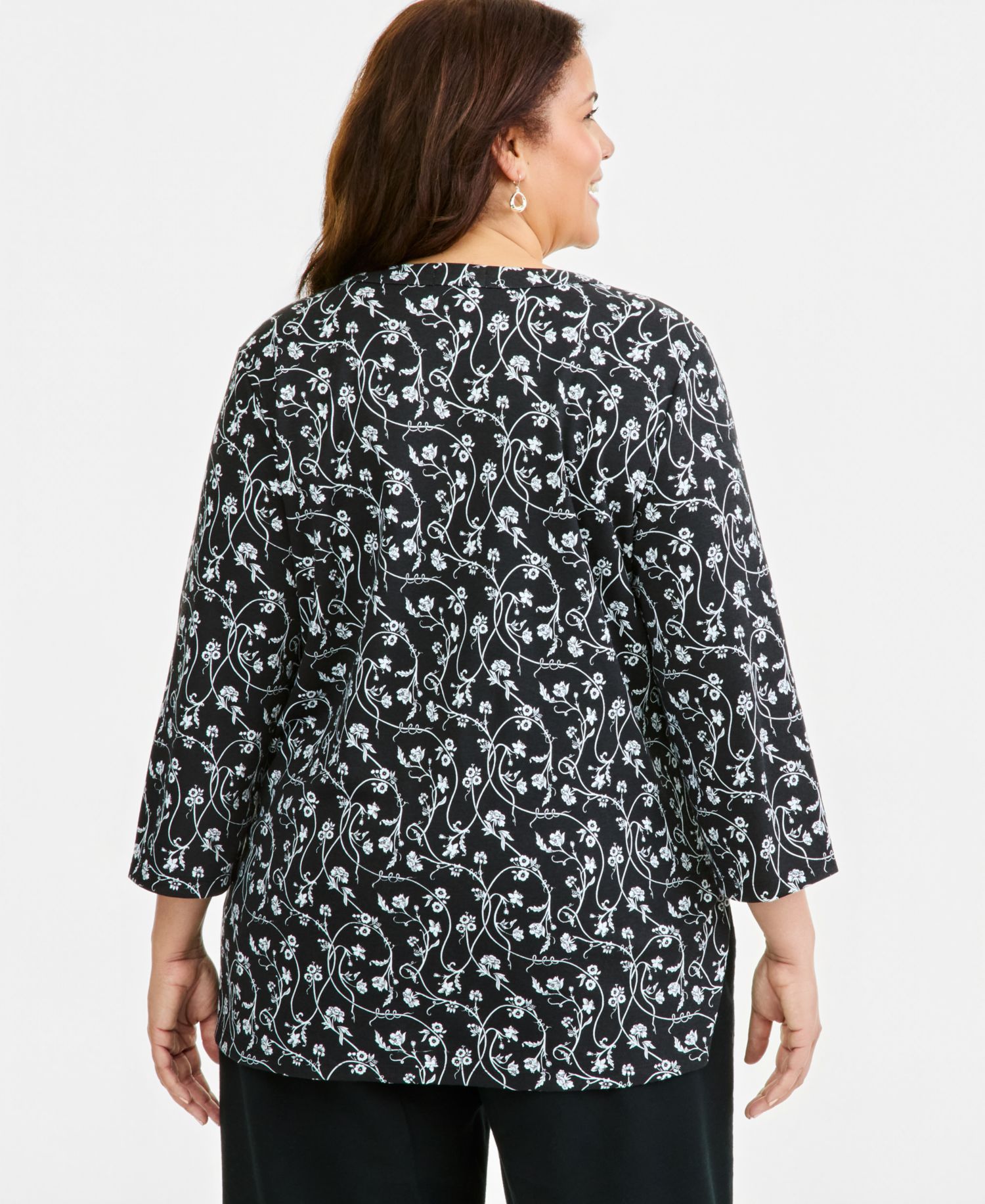 Petite Printed Split Neck 3/4-Sleeve Tunic