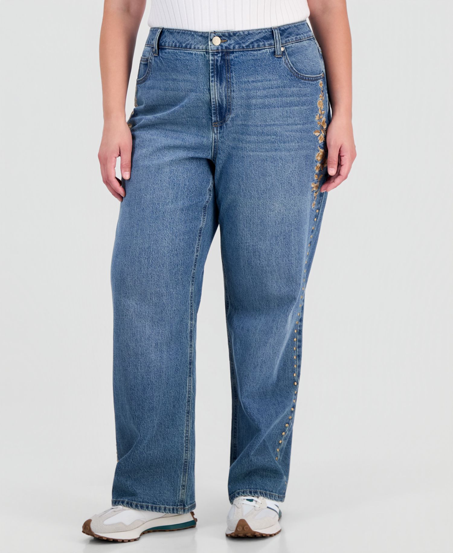 Trendy Plus Size Embroidered Studded Jeans