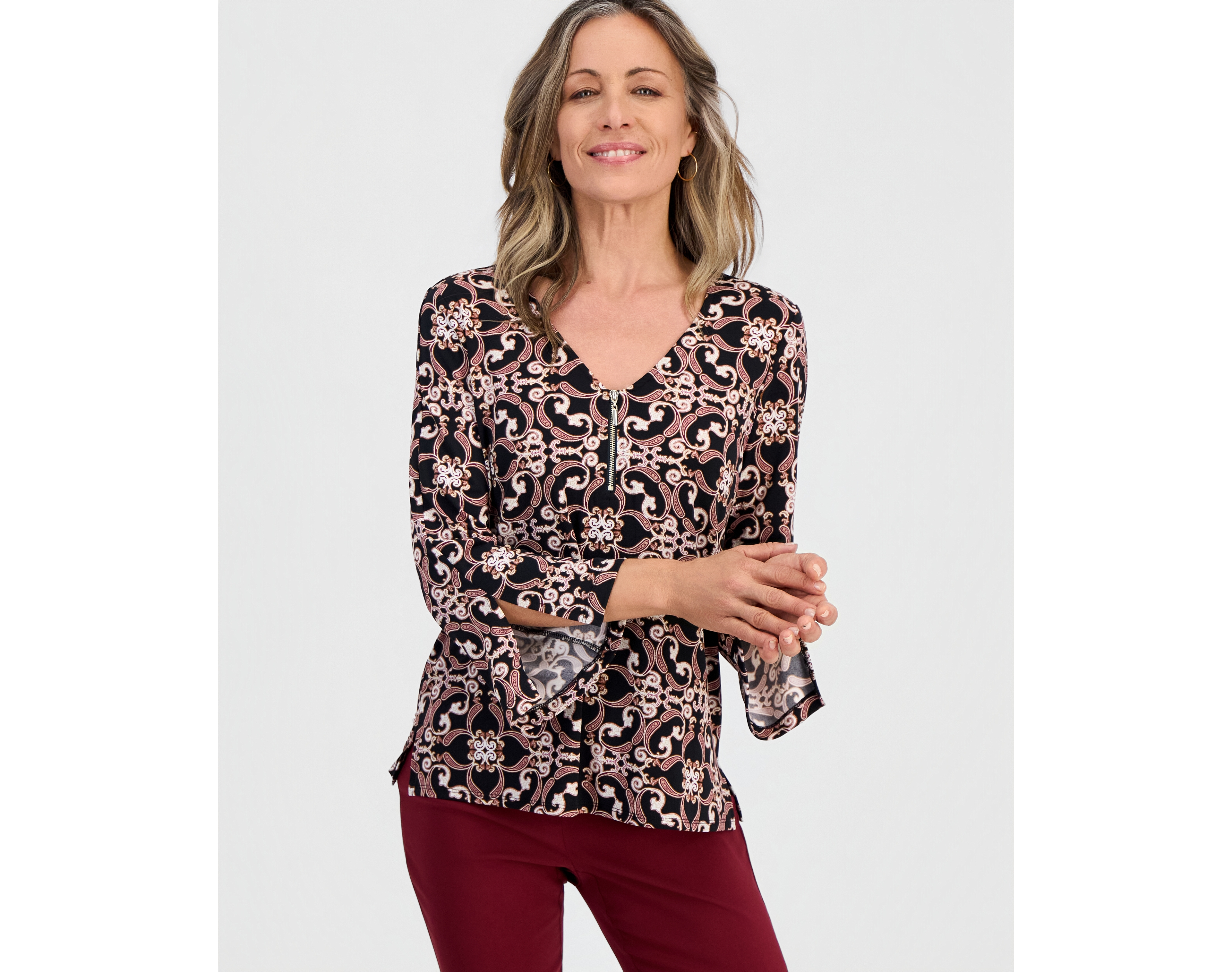 Jm Collection Petite Paisley Scarf V-Neck 3/4-Sleeve Blouse, Created for Macy's
