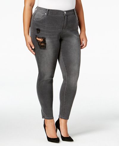 mblm by Tess Holliday Trendy Plus Size Gray Wash Ripped Skinny Jeans