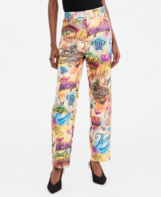 Women's Graffiti Print Faux-Leather High-Waist Straight-Leg Pants