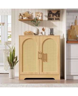 Modern Rattan 4-Door Storage Console, Sideboard Buffet with Metal Handles, Inner Shelf and Anti-Tip Device for Home Spaces
