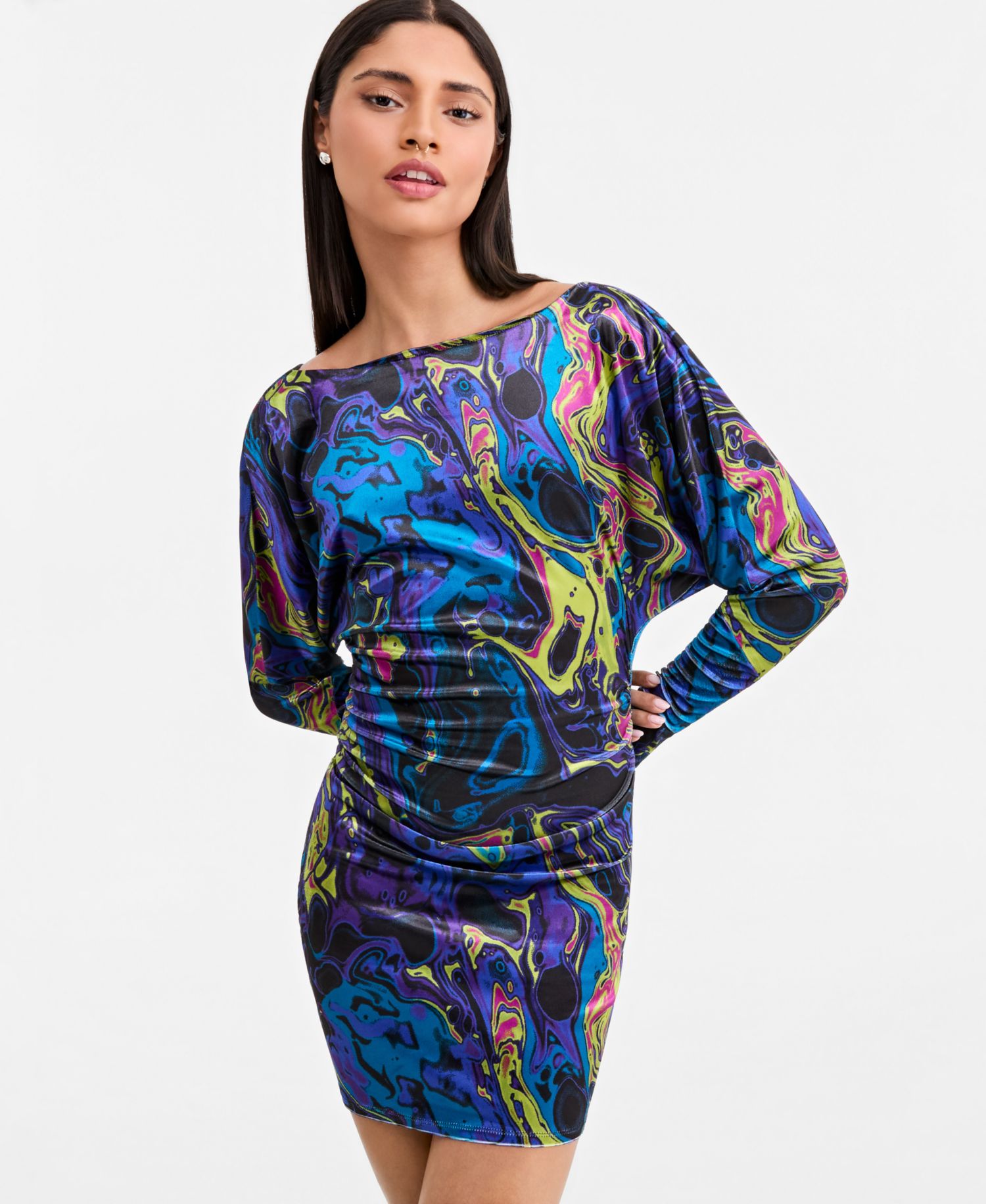 Women's Boat-Neck Batwing Open-Back Mini Dress