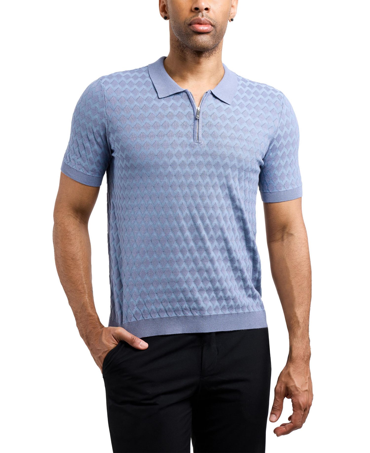 Men's Quarter Zip Allover Argyle Knit Sweater Polo