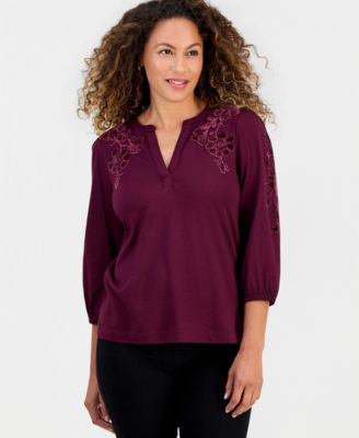 Petite 3/4-Sleeve Floral-Velvet-Applique Split Neck Blouse