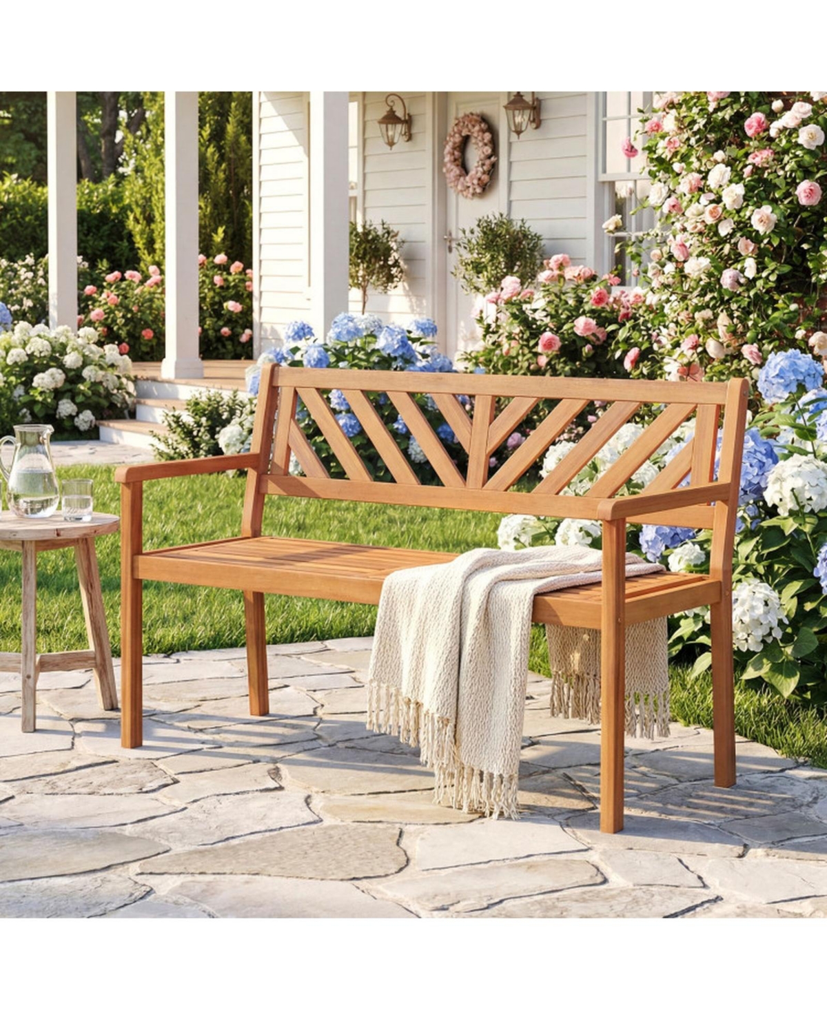 Gouun 2-Person Acacia Wood Patio Bench with Armrests and Backrest