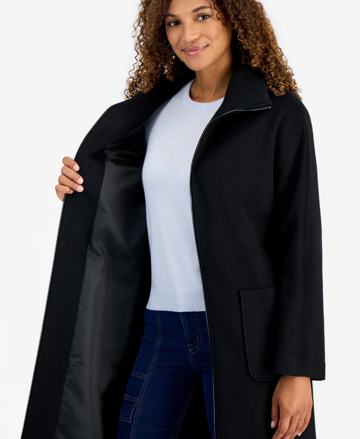 Calvin Klein Women's Belted Knit-Collar Textured Coat