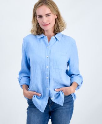 Petite Perfect Button-Front Roll-Tab Cotton Shirt