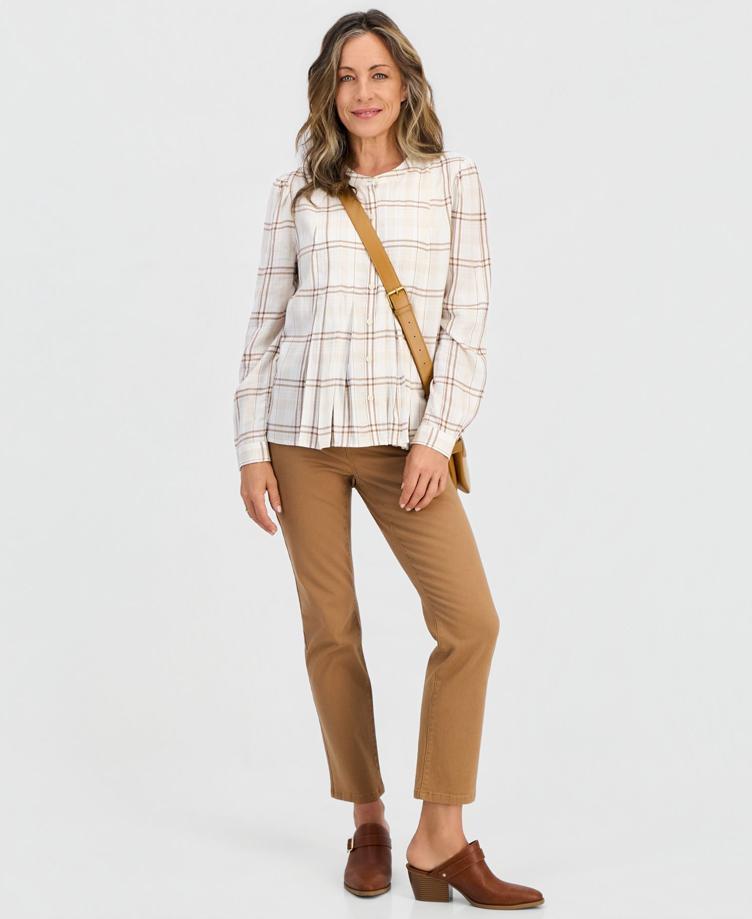 Petite Long-Sleeve Plaid Band-Collar Button-Up Blouse