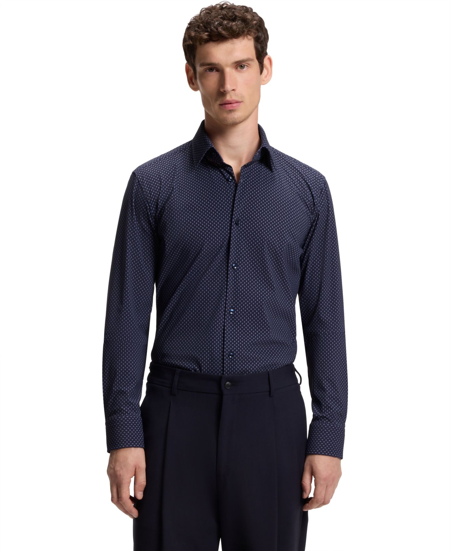 Мужская рубашка Hugo Boss BOSS by Printed Performance-Stretch Fabric Slim-Fit Dress Shirt, цвет: Тёмный синий — фото 1