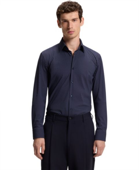 Мужская рубашка Hugo Boss BOSS by Printed Performance-Stretch Fabric Slim-Fit Dress Shirt, цвет: Тёмный синий