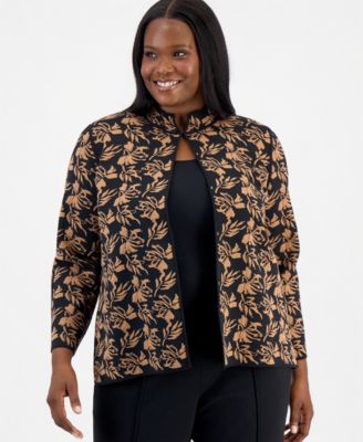 Women's Plus Size Kissing Front Cardigan Jacquard Floral Mock Neck