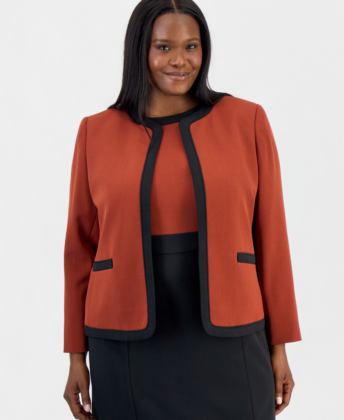 Kasper Plus Colorblock Open-Front Collarless Jacket
