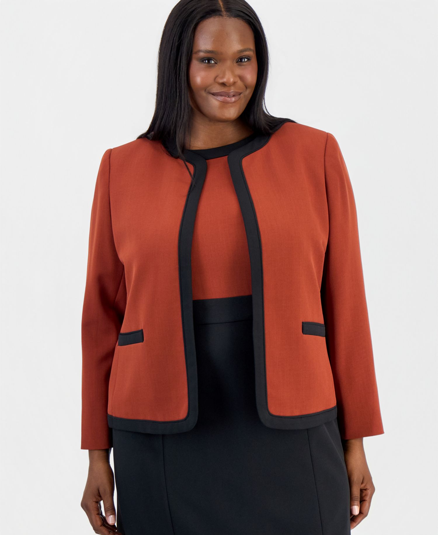 Plus Size Colorblock Open-Front Collarless Jacket