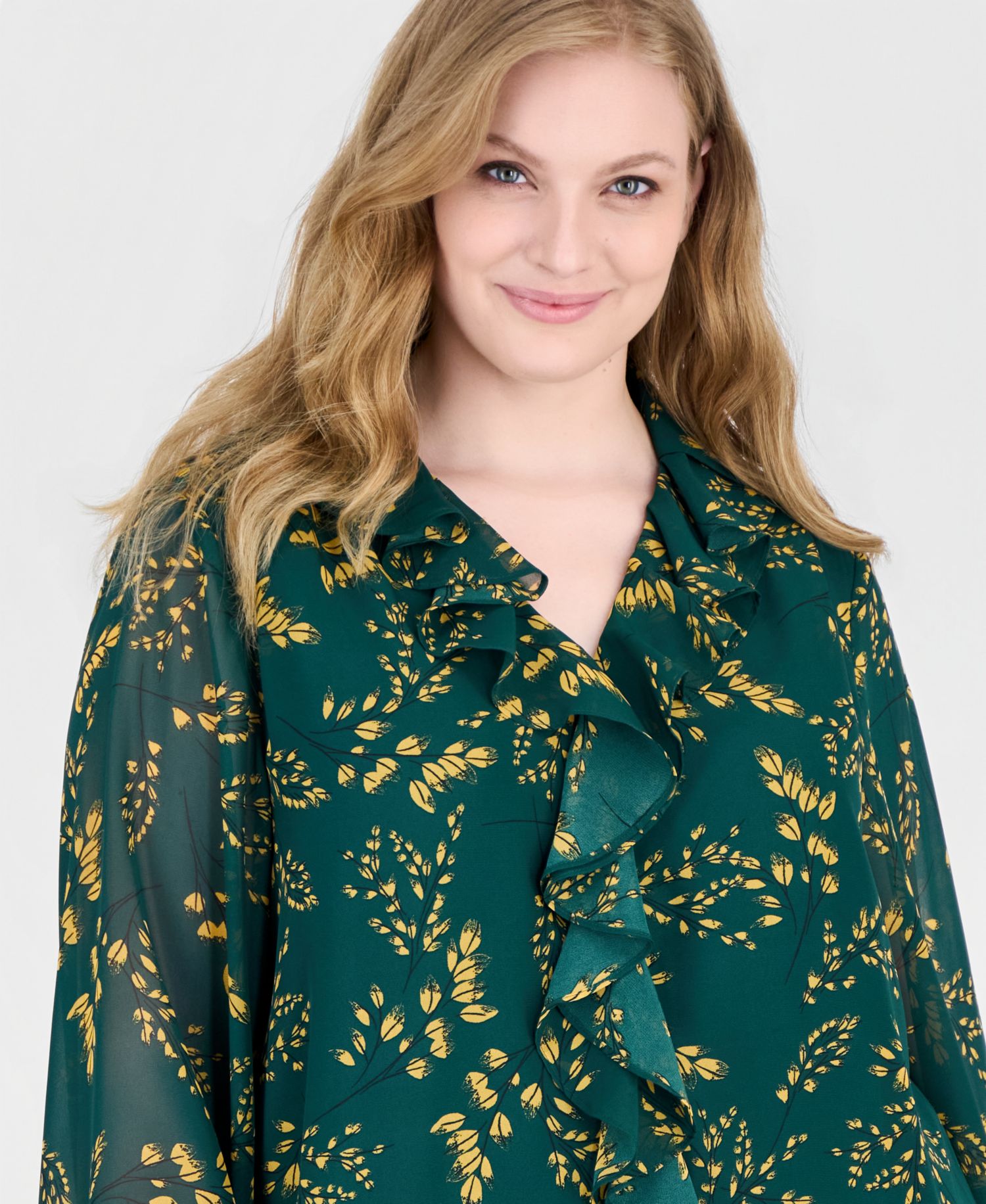 Plus Size Long-Sleeve Ruffle-Front V-Neck Blouse