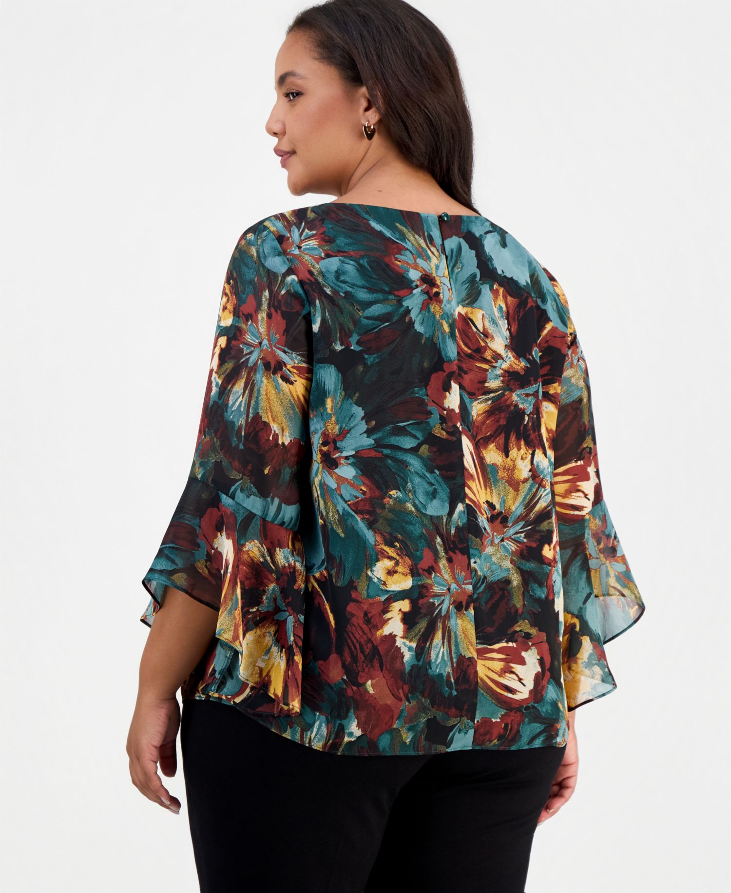 Plus Size 3/4-Sleeve Ruffled Floral-Print Blouse