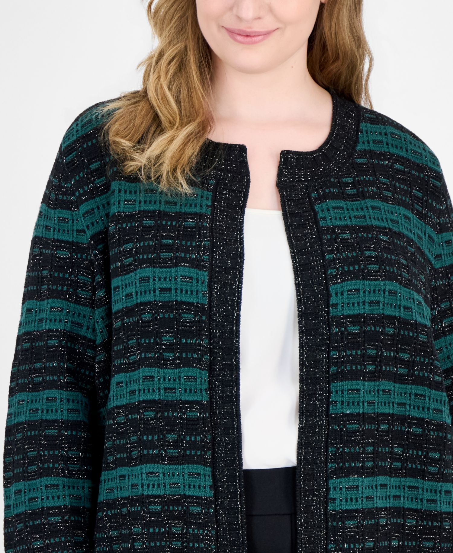 Plus Size Open-Front Textured-Stitch Cotton-Blend Cardigan