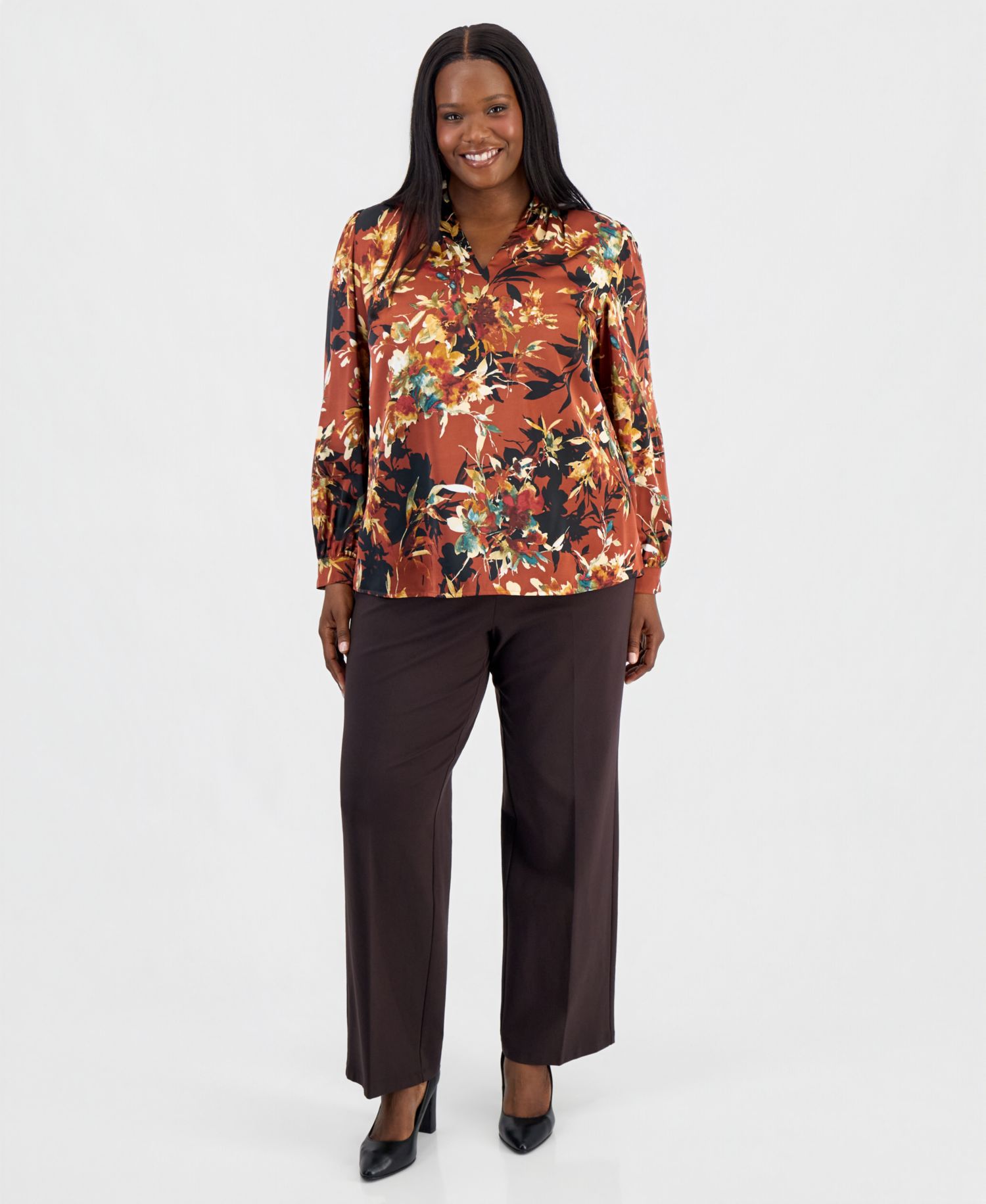 Plus Size V-Neck Pleated Shoulder Long-Sleeve Blouse