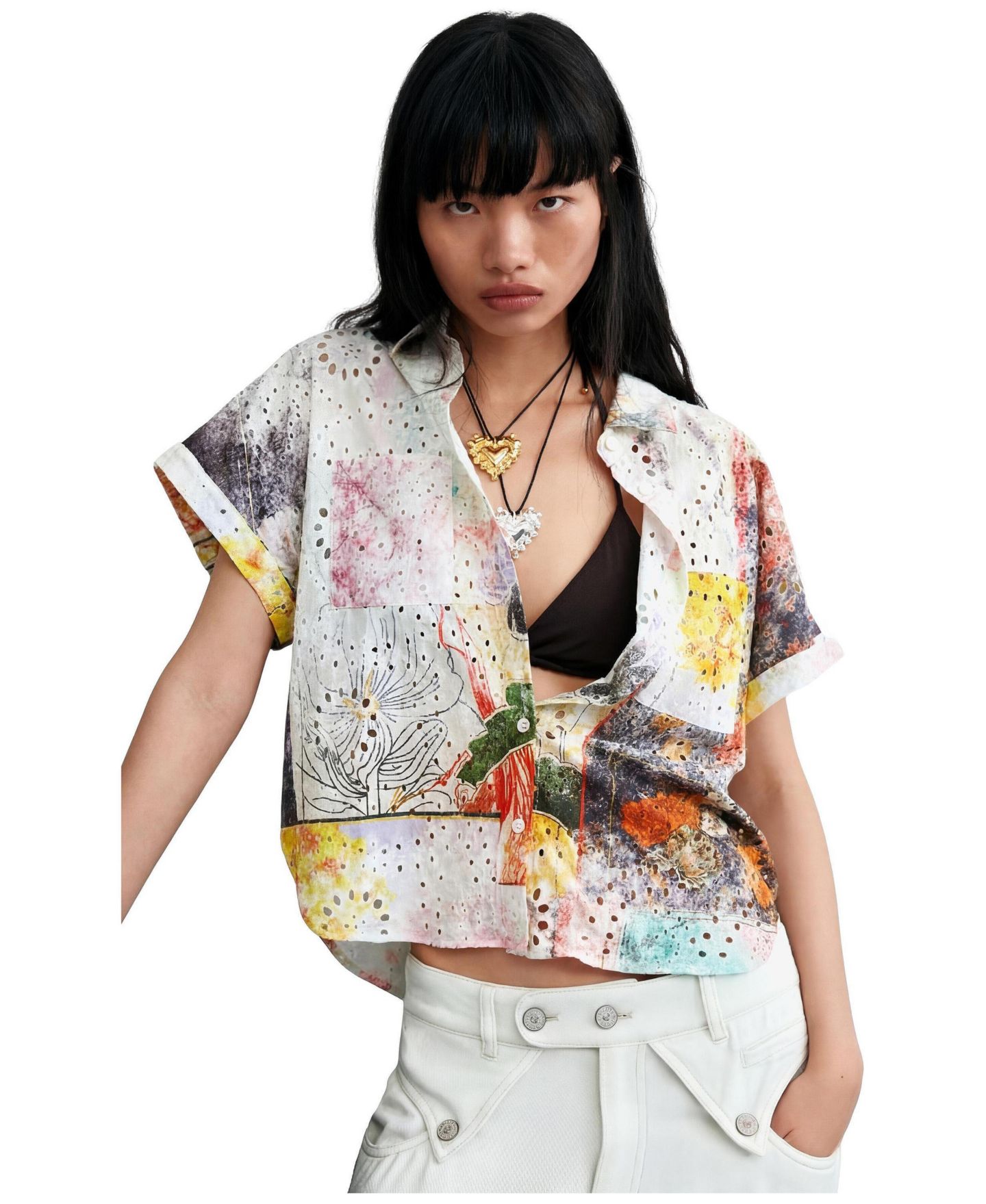 Женская рубашка Desigual Short-Sleeve Cotton, цвет: Разноцветный — фото 1