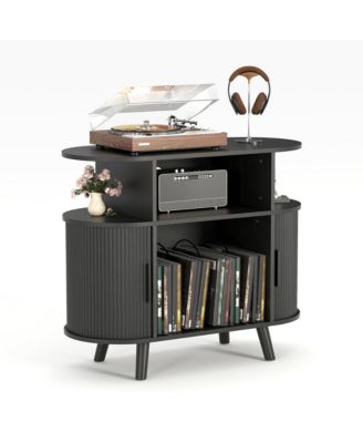 Mid-Century Fluted Turntable Cabinet, 35 Inch Arched Record Player Stand with Charging Station and Display Shelf