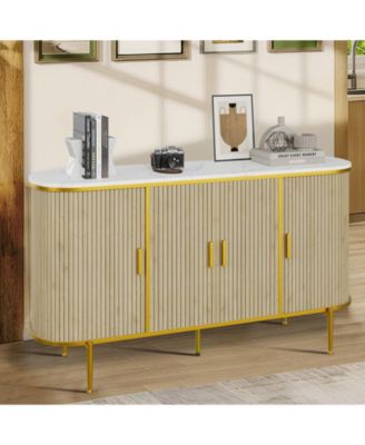 Modern Buffet Cabinet with Storage - Mid Century Fluted Coffee Bar Console Table with Faux Marble Top for Kitchen Living Room