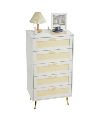 5-Drawer Rattan Dresser with Woven Panels and Metal Handles, Splayed Legs, for Bedroom, Entryway and Living Room, Available in Multiple Colors