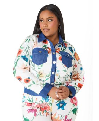Plus Size Women's Denim Trimmed Floral Print Jacket