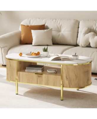 Modern Oval Fluted Coffee Table, Faux Marble Top, 2-Tier Storage Shelf, Drawer,  Metal Legs, Elegant Center Table for Living Room