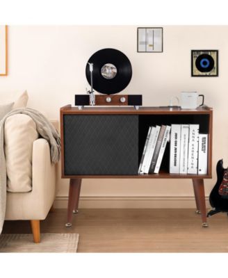 Rustic Wooden Record Player Stand with Sliding Door and LED Light - Turntable Cabinet Table with Power Outlet