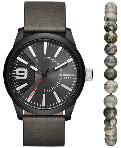 Diesel Men's Rasp Gray Leather Strap Watch & Beaded Bracelet Set 46x53mm DZ1776