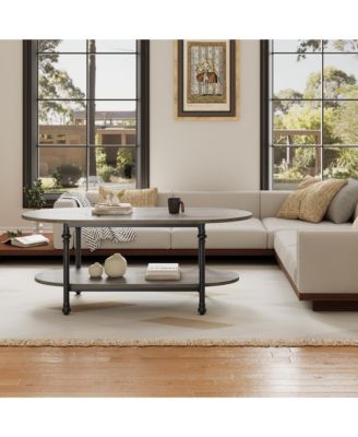 Industrial Oval Coffee Table, 2-Tier Storage Design, Durable Engineered Wood Metal Frame Retro Living Room Furniture