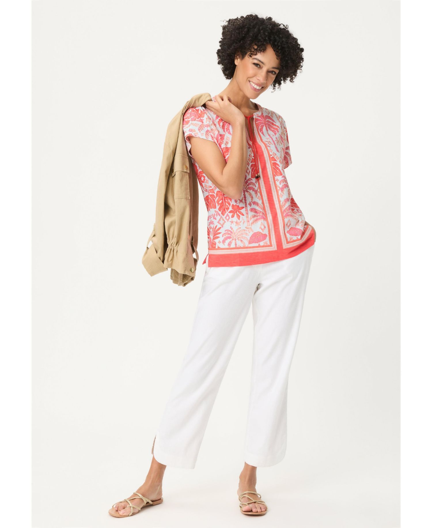 Women's Ornamental Botanic Print Split Neck T-Shirt