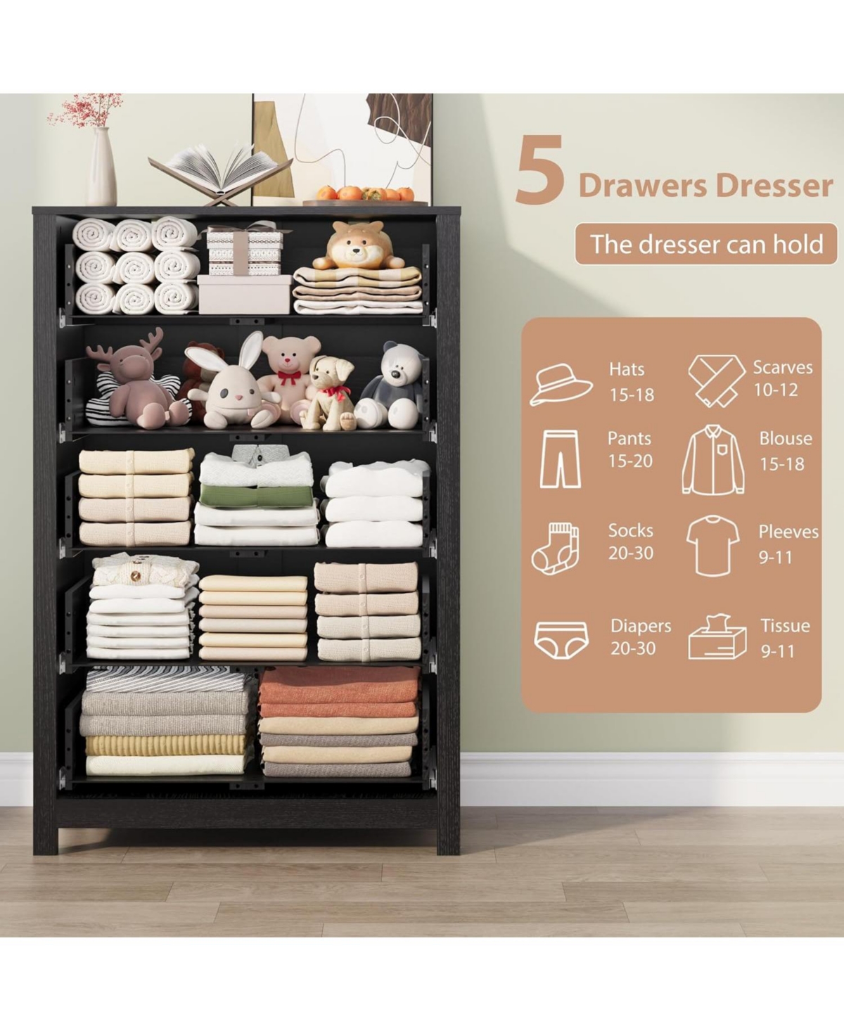 gaomon 5 Drawer Dresser for Bedroom – Modern Simply Chest of Drawers, Wood Storage Dresser with Deep Drawers for Living Room, Hallway, Entryway