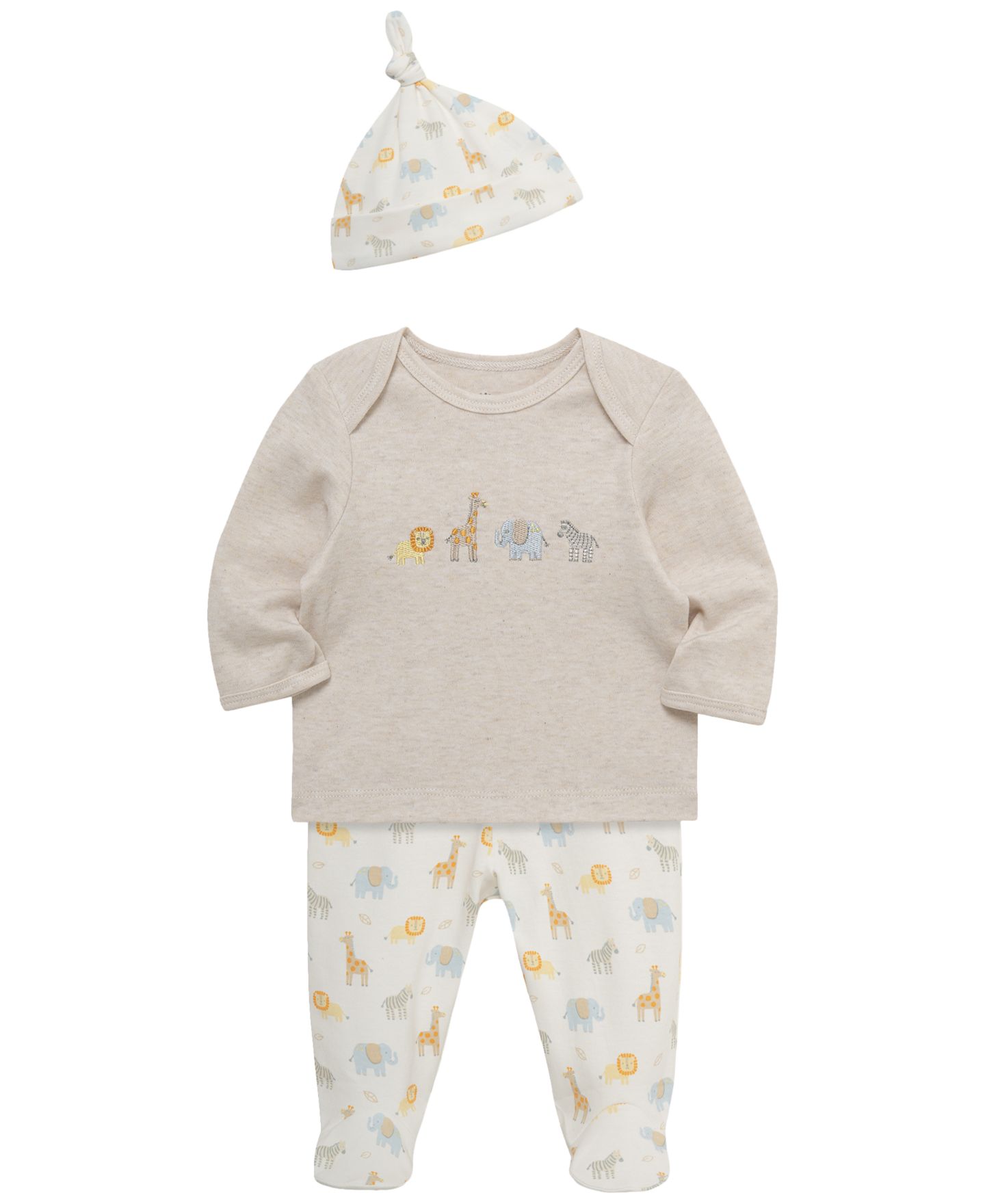 Little Me Baby Boys' Jungle Pals Long-Sleeve Top, Footed Pants and Hat, 3-Piece Set, цвет: Овсяный — фото 3