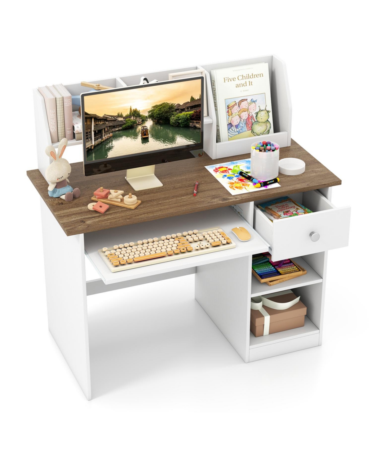 Slickblue Kids Study Desk with Hutch Drawer Shelves and Keyboard Tray Storage
